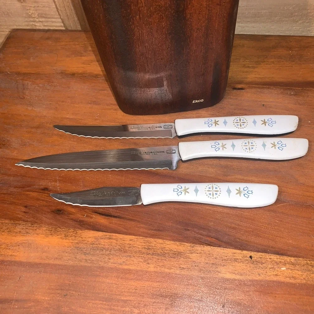 1960s Ekco Vanadium Dutch Tulip 6pc Knife Set W/Wood Wall Hanging USA Rare READ